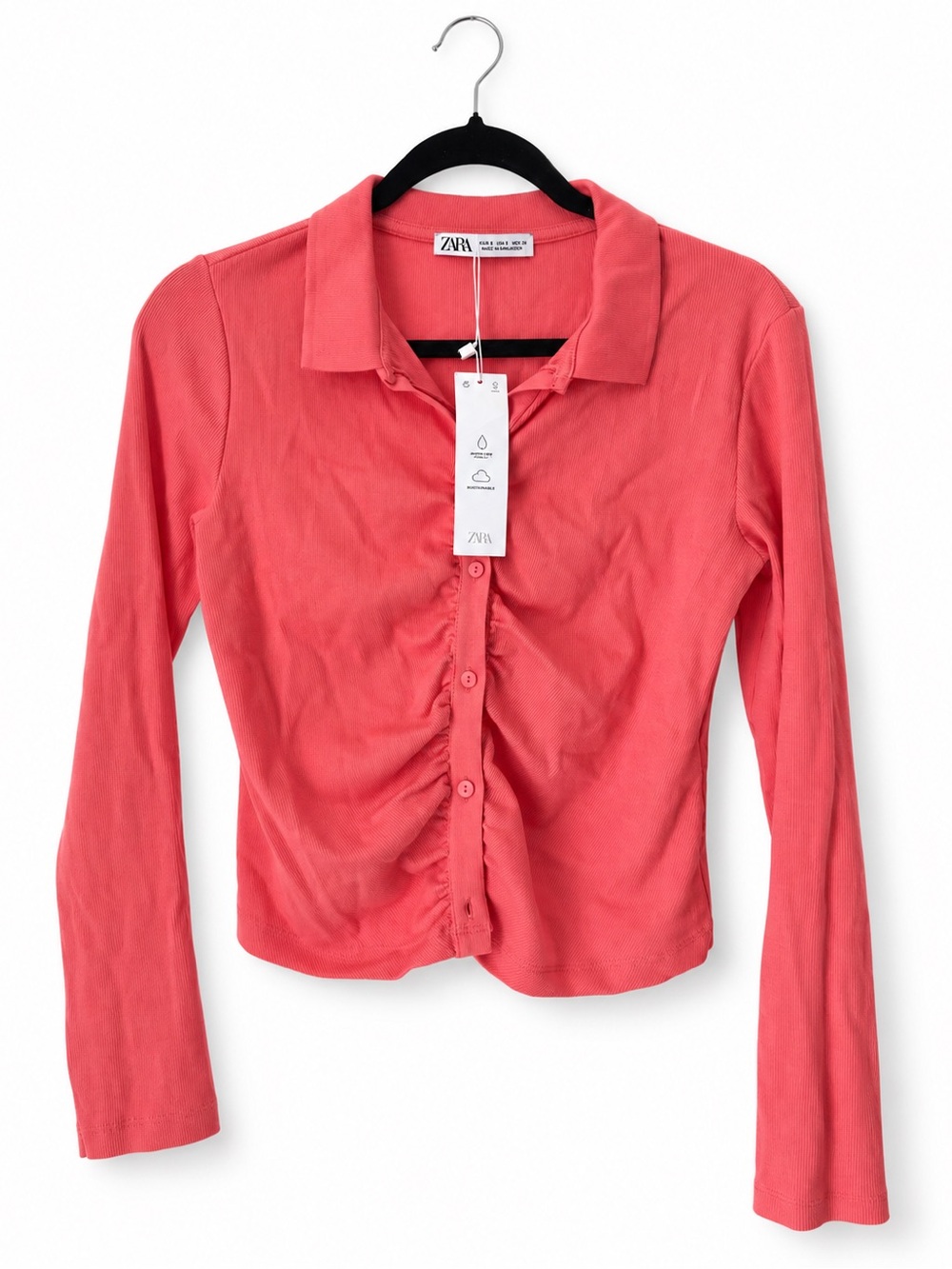 Zara Coral-Pink Ruched Button-Front Long Sleeve Shirt